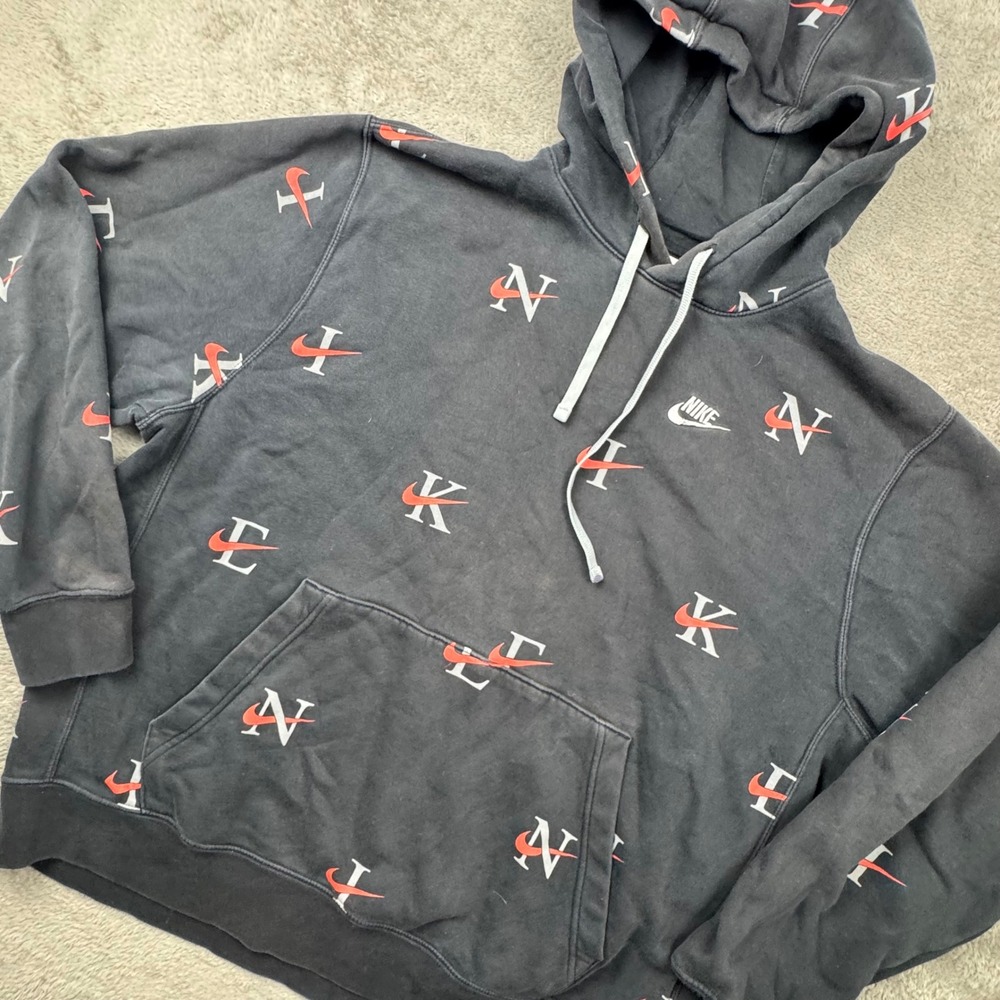 Nike Hoodie Mens XL Black Fair Thrashed Y2K All Over Print Swoosh DV9601-011